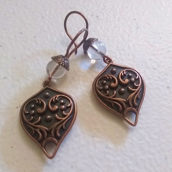 Gorgeous, Heavy & Ornate! Handmade Copper + Clear Quartz Statement Earrings - Picture 7 of 11